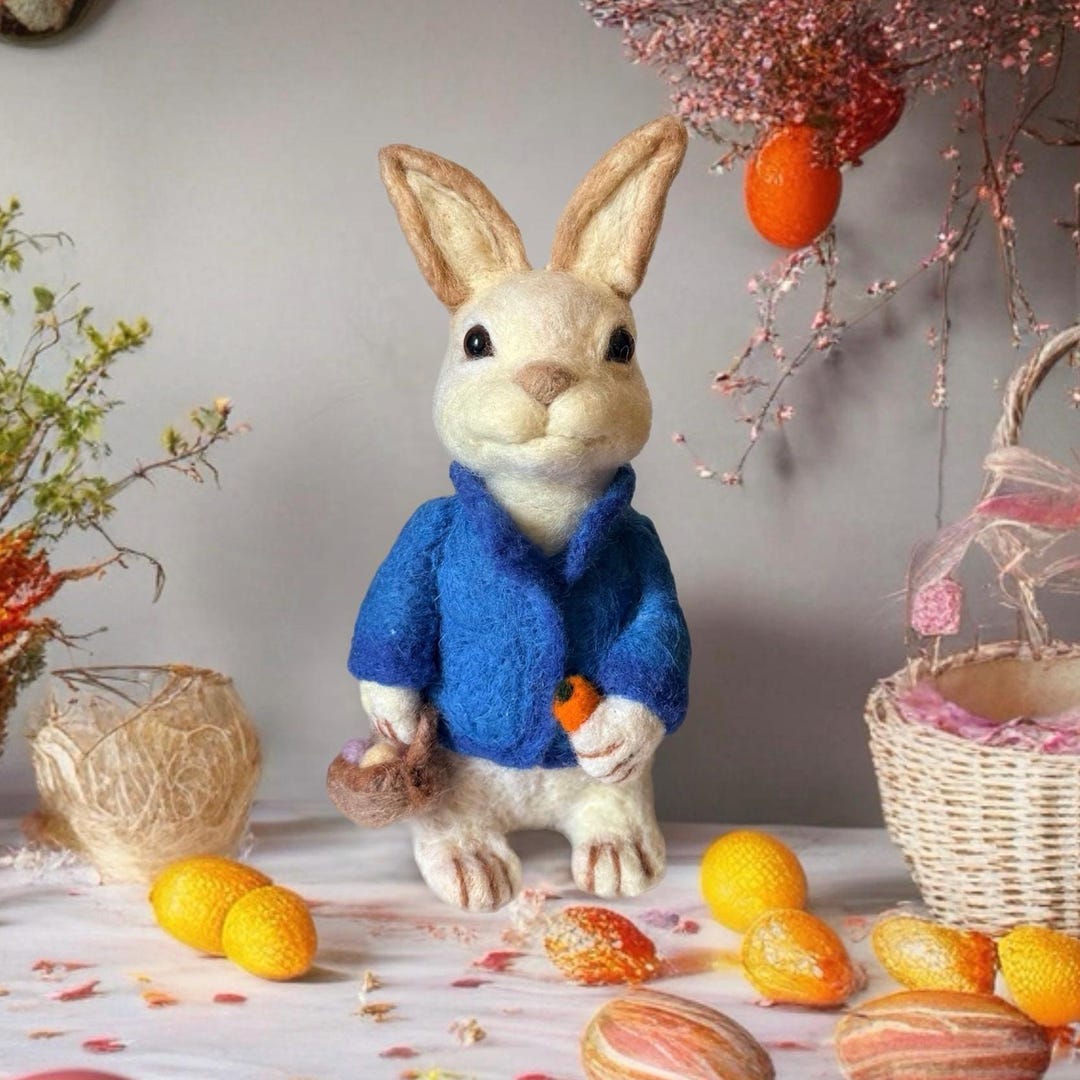 Needle Felted Bunny Figurine, Handmade Rabbit With Blue Coat, Easter ...