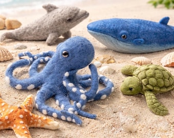 Naaldvilt oceaandieren set, wollen zeedieren beeldjes (octopus, walvis, dolfijn, schildpad)