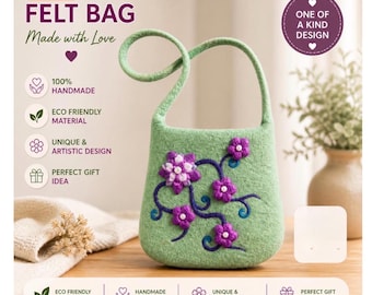 Bolso bandolera de fieltro hecho a mano con diseño floral 3D. Monedero ecológico.