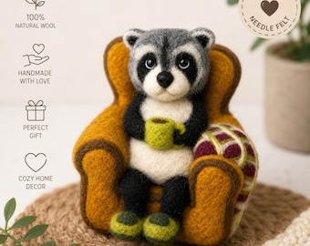 Needle Felt Racoon Figurine Reading Tea Scene Handmade Miniature Decor