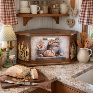 May include: A wooden corner bread box with a painted bakery scene featuring bread, baskets, and a barrel. The box has a decorative handle and wheat stalk accents. A loaf of bread sits on a wooden cutting board with a knife.