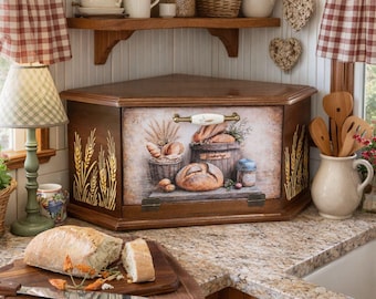 Corner Wooden Bread Box, Bread Storage Box, Farmhouse Kitchen
