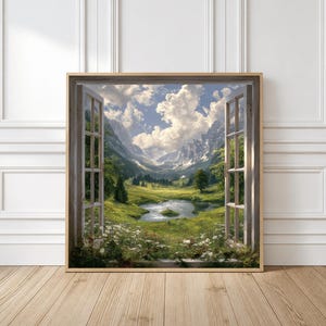 Mountain Landscape Window View Canvas Or Poster, Nature Wall Art, Scenic Valley Decor, Fake Window Frame Art, Open Window Mural, Alpine Art
