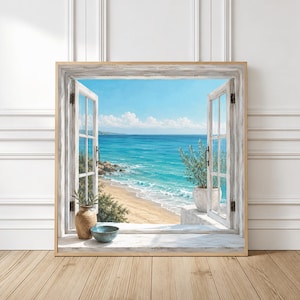 May include: A framed art print depicts an open window overlooking a beach scene. The window is white with a light brown frame. The ocean is turquoise, and the sky is blue with white clouds. A vase and bowl sit on the windowsill.