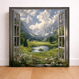 Lienzo o póster con vista de ventana de paisaje de montaña, arte mural natural, decoración de valle escénico, arte con marco de ventana falso, mural de ventana abierta, arte alpino