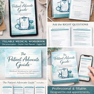 Puede incluir: Varias versiones del cuaderno médico "The Patient Advocate Guide" y PDF digital, para documentación y planificación de visitas al médico. Incluye registros de citas, seguimiento de síntomas y guiones de defensa.