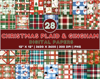 Christmas Plaid and Gingham Digital Paper | 28 Seamless Files | Traditional Tartan and Buffalo Check Patterns with Santa and Snowman