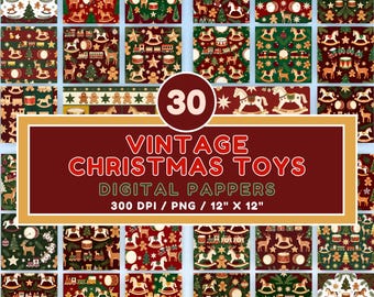 Vintage Christmas Toys Digital Paper | Seamless Folk Art Patterns | Nostalgic Holiday Backgrounds with Rocking Horse and Train for Scrapbook