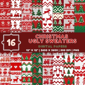 May include: A collection of 16 digital papers featuring various Christmas ugly sweater designs. The patterns include reindeer, trees, and geometric shapes in red, white, and green. Each paper measures 12 x 12 inches.