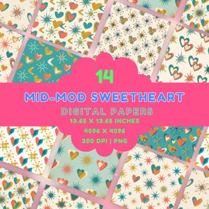 May include: A collection of 14 digital papers with a mid-century modern theme. Each paper features a unique pattern of hearts, stars, and other geometric shapes in teal, gold, and coral colors. The papers are 13.65 x 13.65 inches and are 4096 x 4096 pixels.