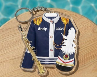 Personalized Marching Band Keychain 2D Flat Acrylic, Custom Band Gift, Saxophone Uniform Keyring, Music Student Name Gift