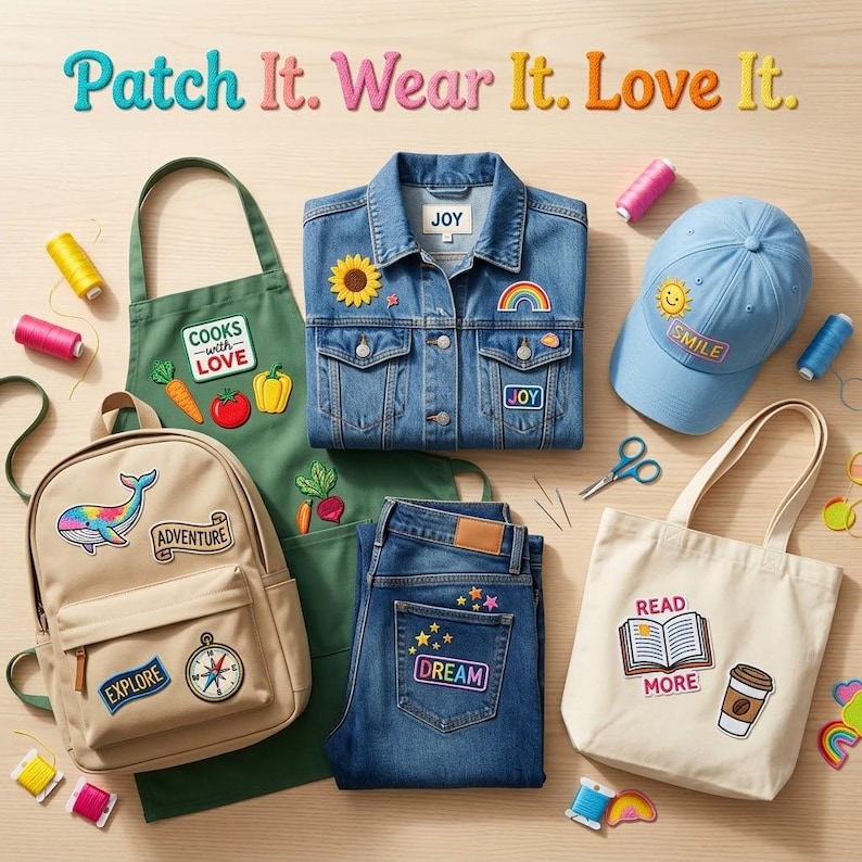 Op de afbeelding: Een verzameling items waaronder een spijkerjas, blauwe spijkerbroek, groen schort, beige rugzak en een cr&egrave;mekleurige tas, allemaal versierd met kleurrijke geborduurde patches. De tekst Patch It. Wear It. Love It. staat bovenaan met naaibenodigdheden.