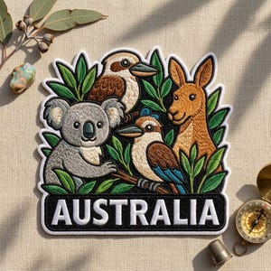 May include: An embroidered patch featuring a grey koala, a brown kookaburra, a smaller blue and brown bird, and a tan kangaroo surrounded by green leaves. The word AUSTRALIA is stitched in white capital letters on a black rectangular base.