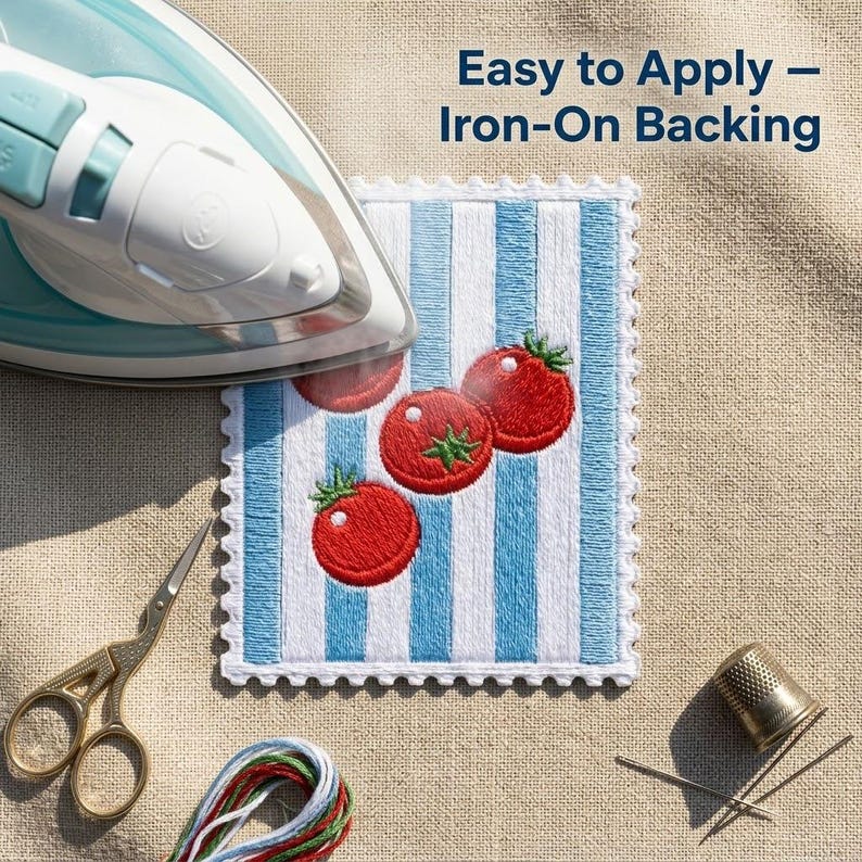 Op de afbeelding: Een rechthoekige geborduurde patch met drie rode tomaten op een wit en lichtblauw gestreepte achtergrond met een geschulpte rand. De tekst "Easy to Apply &ndash; Iron-On Backing" is zichtbaar. Een strijkijzer, schaar, garen en een vingerhoed zijn aanwezig.