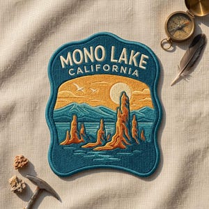 May include: An embroidered patch featuring a landscape of Mono Lake, California, with tufa towers, a yellow sun, and birds against a blue sky. The text MONO LAKE CALIFORNIA is stitched in white at the top. The patch has a scalloped edge shape.