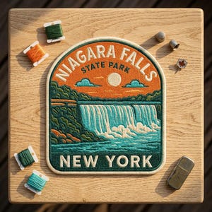 May include: An embroidered patch featuring a landscape of Niagara Falls State Park, New York. The design includes a bright orange sky with a sun, teal waterfalls, and green foliage. The text reads NIAGARA FALLS STATE PARK and NEW YORK.