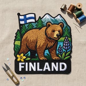 Finland Bear Embroidered Patch – Finnish Flag Nature Travel Iron-On Applique for Jacket Backpack Hat