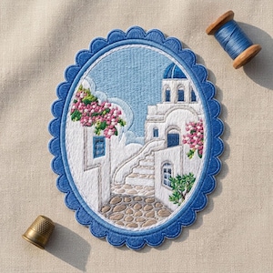 Greek Island Village Embroidered Patch – Coastal Mediterranean Travel Souvenir for Jacket Backpack Hat
