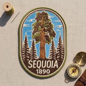 May include: An oval embroidered patch featuring a large brown and green sequoia tree against a light blue sky with white clouds, flanked by smaller pine trees. The text "SEQUOIA 1890" is stitched in white at the bottom of the patch.