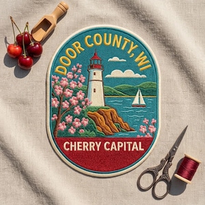May include: An oval embroidered patch featuring a lighthouse, a sailboat on water, and cherry blossoms. The text reads DOOR COUNTY, WI and CHERRY CAPITAL. The patch is surrounded by fresh red cherries, a wooden scoop, metal scissors, and red thread.