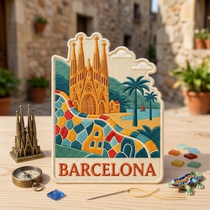 May include: A rectangular embroidered patch featuring the Sagrada Familia in gold thread, a colorful mosaic-style foreground, palm trees, and the word BARCELONA in orange letters. The patch is displayed alongside a metal model, a compass, and a lizard figurine.