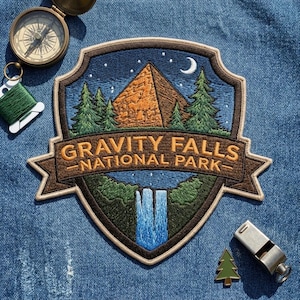 May include: A shield-shaped embroidered patch featuring a night scene with a brown mountain, green pine trees, a blue waterfall, and a crescent moon. The text GRAVITY FALLS NATIONAL PARK is stitched in tan on a brown banner across the center.