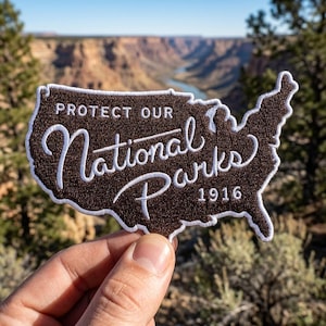 May include: A brown embroidered patch shaped like the map of the United States with a white border. The text reads PROTECT OUR National Parks 1916 in white embroidery. The patch features a textured fabric surface with detailed stitching throughout.