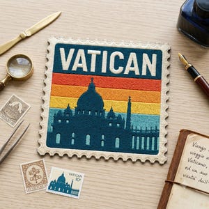May include: A square embroidered patch shaped like a postage stamp featuring the word VATICAN in white letters above a dark blue silhouette of St. Peter's Basilica against a horizontal sunset gradient of red, orange, yellow, and light blue.
