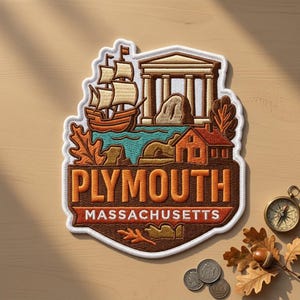 May include: An embroidered patch featuring a sailing ship, a classical building, a house, and oak leaves. The text reads PLYMOUTH MASSACHUSETTS in bold orange and white lettering. The design uses shades of brown, orange, and teal on a white border.