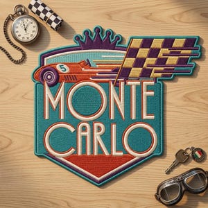 May include: A shield-shaped embroidered patch featuring the text MONTE CARLO in white with orange outlines. The design includes a purple crown, a red race car with the number 5, and a purple and yellow checkered flag on a teal background.