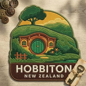 May include: An embroidered patch featuring a green hill with a round door, a tree, and a fence. The text HOBBITON NEW ZEALAND is stitched in white on a brown background. The patch is accompanied by several metal buttons and a vintage metal key.