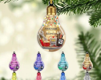 Personalized Light Bulb Ornament, Custom Name Electrician Christmas Gift, Tools Decor, Xmas Keepsake for Electrician, Funny Gift