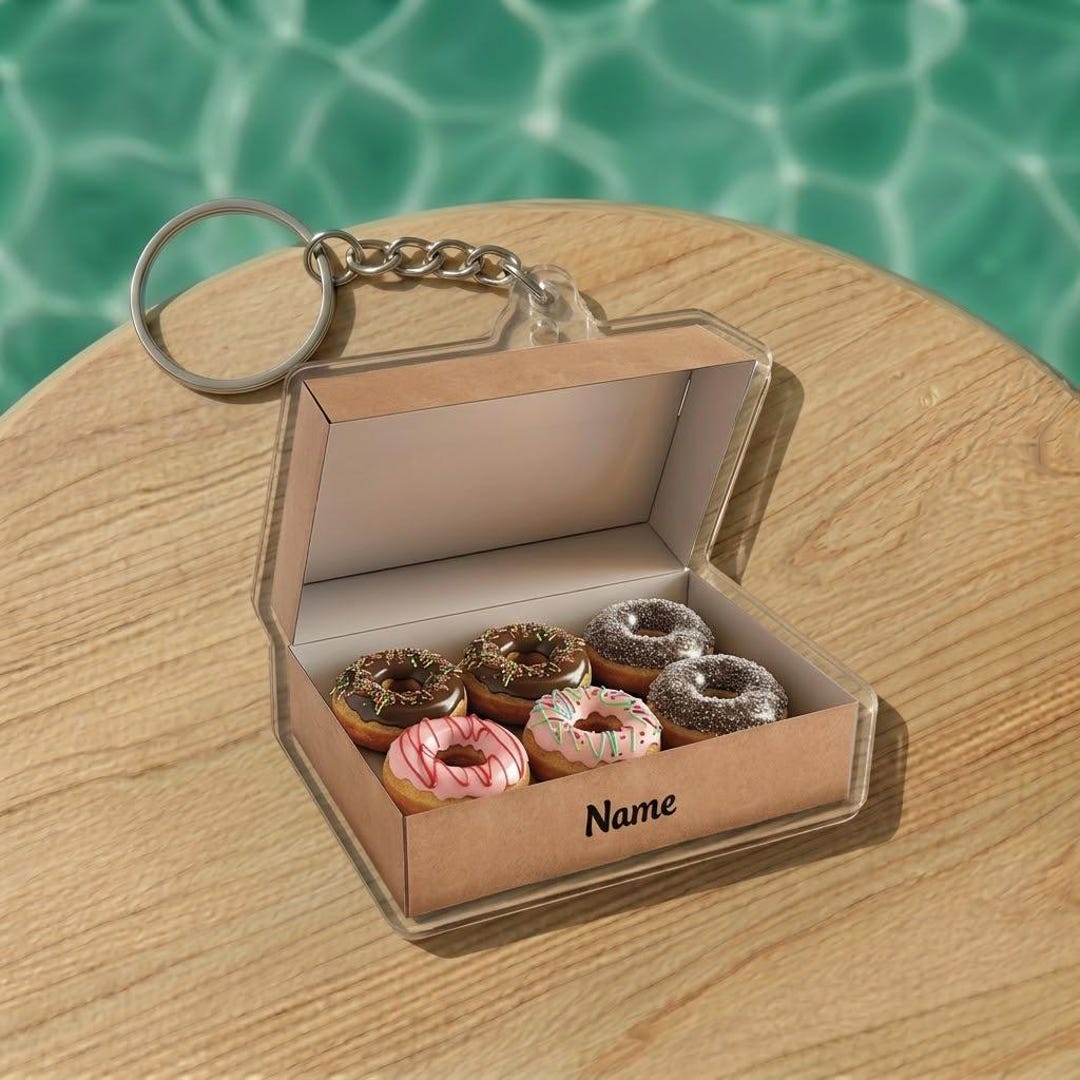 Personalized Donut Box Keychain 2D Flat Acrylic, Custom Food Keyring ...