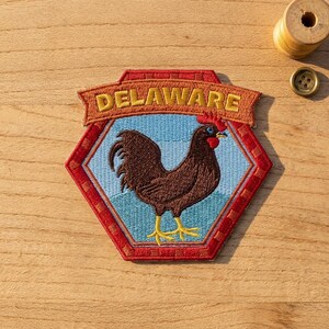 May include: A hexagonal embroidered patch featuring a brown rooster on a light blue background. The patch has a red border and a top banner with the word DELAWARE in yellow thread. The design is stitched with detailed thread work and textures.