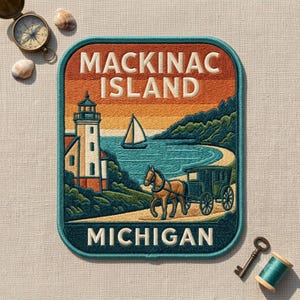 May include: A rectangular embroidered patch featuring a lighthouse, a sailboat, and a horse-drawn carriage. The text reads MACKINAC ISLAND and MICHIGAN. The design uses orange, blue, and green thread on a light fabric background with a teal border.