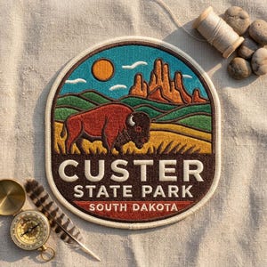 May include: A round embroidered patch featuring a brown bison in a yellow field, green hills, orange rock formations, and a sun against a blue sky. The text reads CUSTER STATE PARK SOUTH DAKOTA in white letters on a dark brown background.