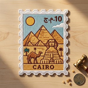 May include: A rectangular embroidered patch shaped like a postage stamp featuring the Great Sphinx and pyramids of Giza in gold and brown thread against a light blue sky. It includes a camel, palm trees, a yellow sun, and the text CAIRO and 10.