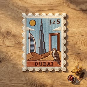 May include: A rectangular embroidered patch shaped like a postage stamp featuring the Burj Al Arab, Burj Khalifa, and Dubai Frame against a light blue sky with a yellow sun. A falcon sits on a sand dune with the text DUBAI and 5 in Arabic.