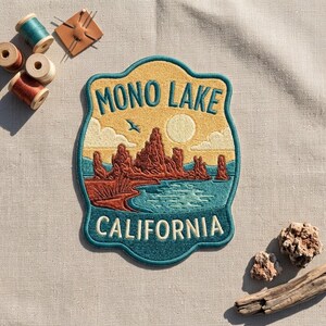 May include: An embroidered patch featuring a landscape of Mono Lake, California, with rust-colored rock formations, a blue lake, a yellow sky, and a sun. The text MONO LAKE and CALIFORNIA is stitched in dark blue and white thread respectively.