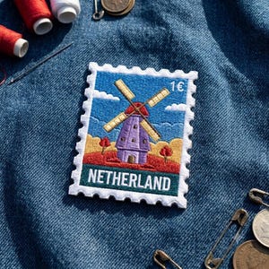 Netherlands Windmill Embroidered Patch – Vintage Stamp Travel Souvenir for Jacket Backpack Hat, Dutch Holland Gift