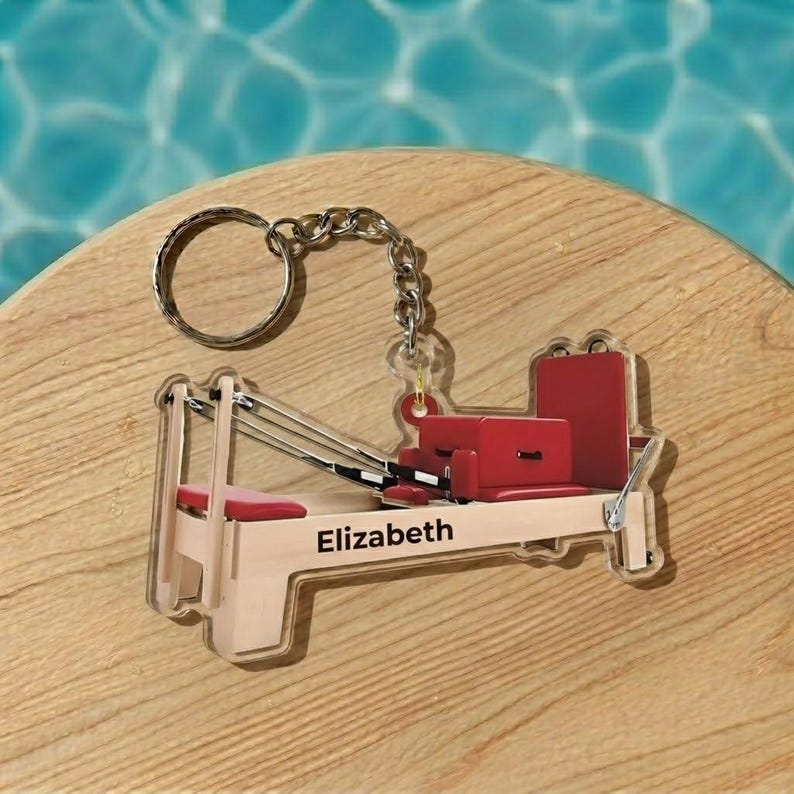 Personalized Pilates Reformer Keychain 2D Flat Acrylic, Custom Pilates Instructor Keyring, Fitness Bag Tag, Pilates Lover Gift, Gym Name Tag bild 1