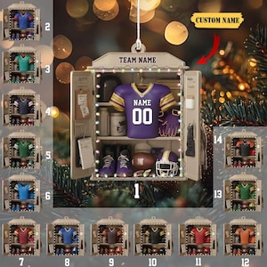 May include: A football-themed ornament shaped like a locker, with a purple and gold jersey, helmet, and other gear. The ornament has the text "TEAM NAME" and "CUSTOM NAME" on it. The jersey has the name "NAME" and the number "00".