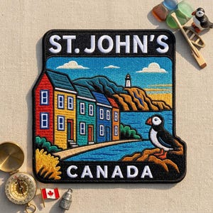May include: A rectangular embroidered patch featuring the text ST. JOHN'S and CANADA. The design depicts colorful row houses, a lighthouse on a cliff, and a puffin bird. The patch has a black border and is set against a neutral fabric background.