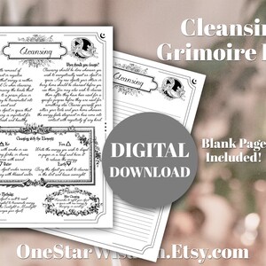 May include: A printable black and white digital download of a cleansing grimoire page. The page features a decorative border with a crescent moon and stars. The text on the page includes instructions for cleansing with the elements, other methods, and a section for notes. The page also includes a blank page for additional notes.