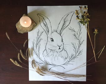 Rabbit Spirit Animal - Hand Drawn Art Print - Coloring Page - Witchy Wall Decor - Altar Piece - Digital Download - Bunny Art