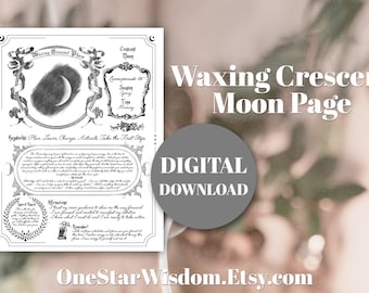 Waxing Crescent Moon Reference Sheet - Printable PDF - Moon Cycles - Manifestation - Digital Print