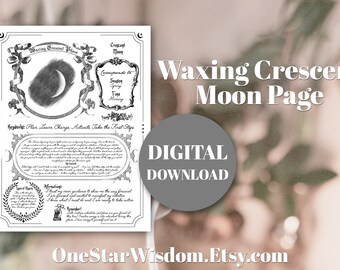 Waxing Crescent Moon Reference Sheet - Printable PDF - Moon Cycles - Manifestation - Digital Print