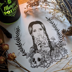 Miércoles Addams - Impresión de arte dibujada a mano - Dibujo para colorear - Decoración de pared bruja - Addams Family Art - Descarga digital - Printable Wall Art