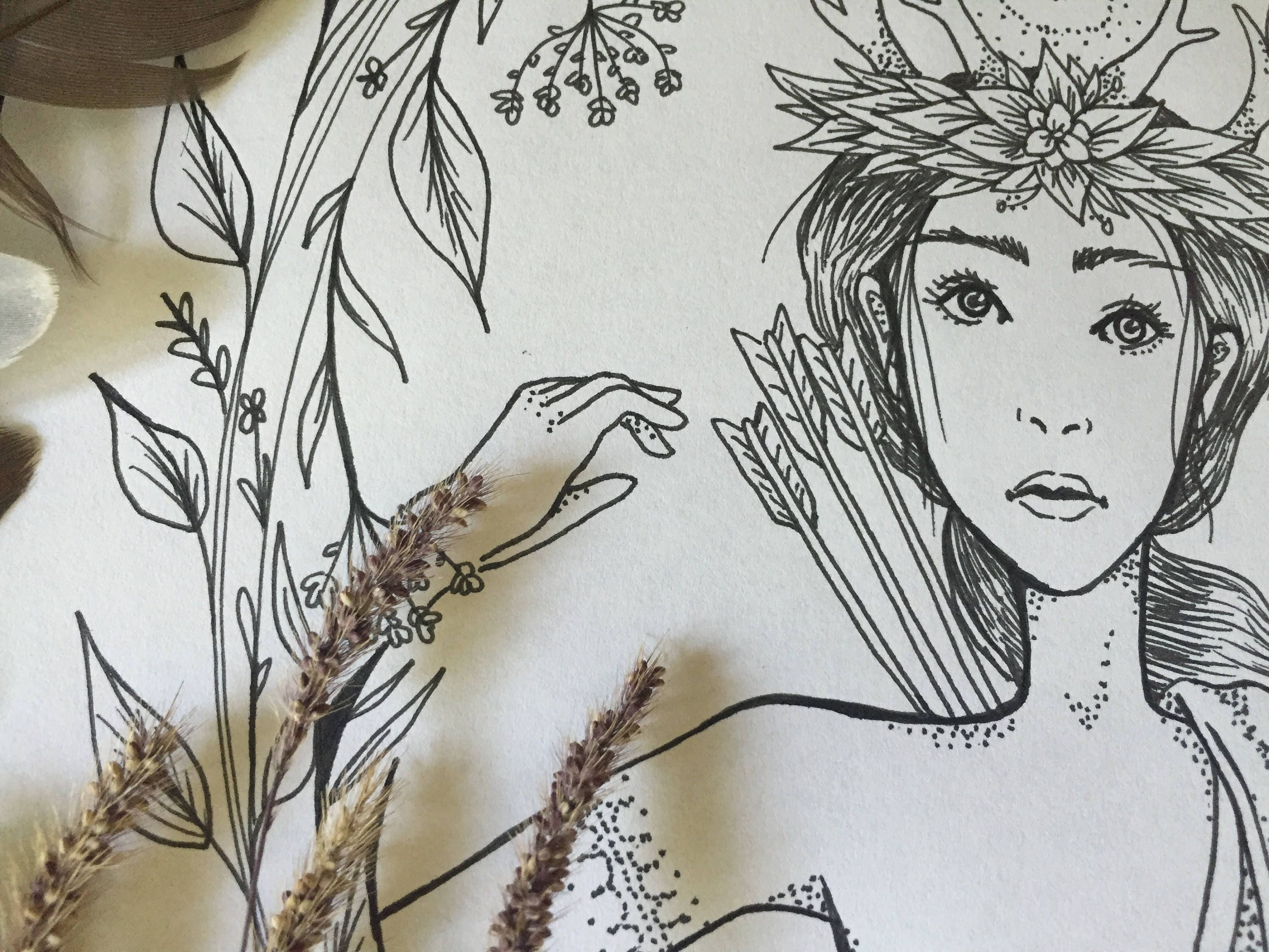 Goddess Artemis Hand Drawn Art Print Coloring Page Witchy Wall Decor ...