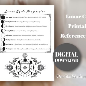 May include: Printable reference sheet with a black and white illustration of the lunar cycle phases. The phases are labelled with their names and descriptions of their associated energies. The text includes "Lunar Cycle Progression", "Lunar Cycle Printable Reference Sheet", "DIGITAL DOWNLOAD", and "OneStarWisdom.Etsy.com".